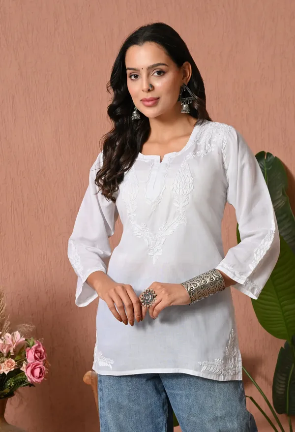 Women_Hand_Embroidered_Lucknowi_Chikankari_Cotton_Straight_Short_Top_White_Colour_White