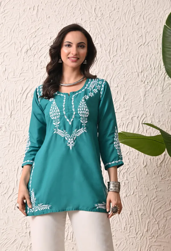 Women_Hand_Embroidered_Lucknowi_Chikankari_Cotton_Straight_Short_Top_Rama_Green_Rama_Green