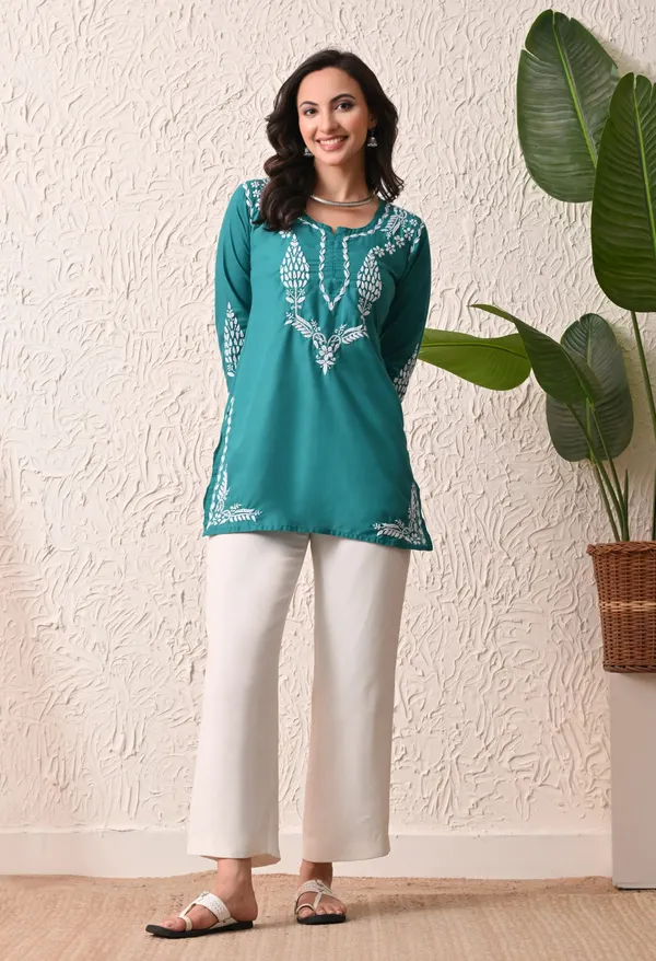 Women_Hand_Embroidered_Lucknowi_Chikankari_Cotton_Straight_Short_Top_Rama_Green_Rama_Green