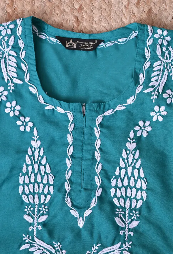 Women_Hand_Embroidered_Lucknowi_Chikankari_Cotton_Straight_Short_Top_Rama_Green_Rama_Green