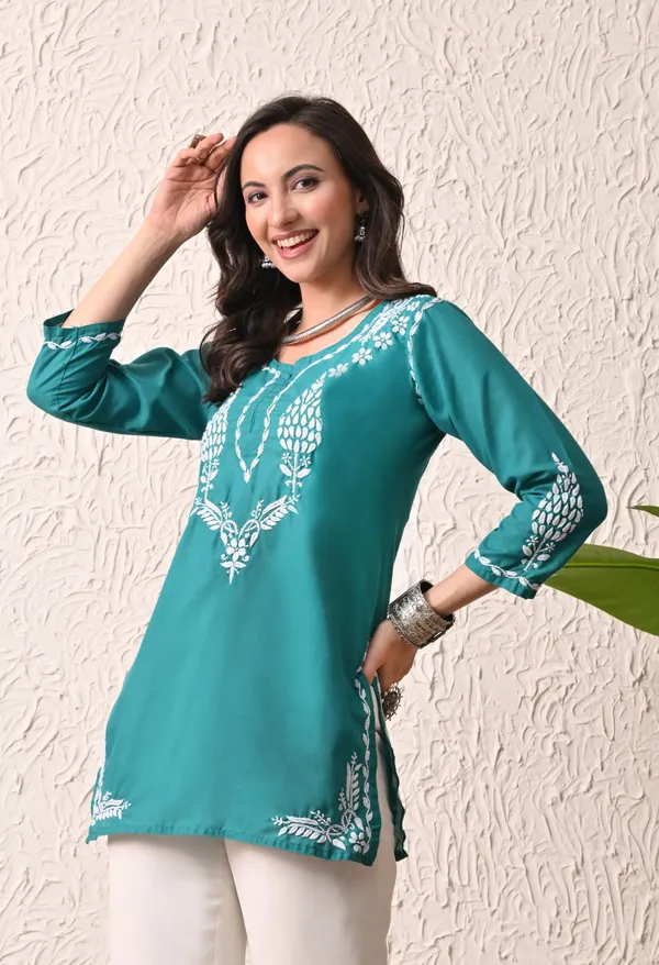 Women_Hand_Embroidered_Lucknowi_Chikankari_Cotton_Straight_Short_Top_Rama_Green_Rama_Green