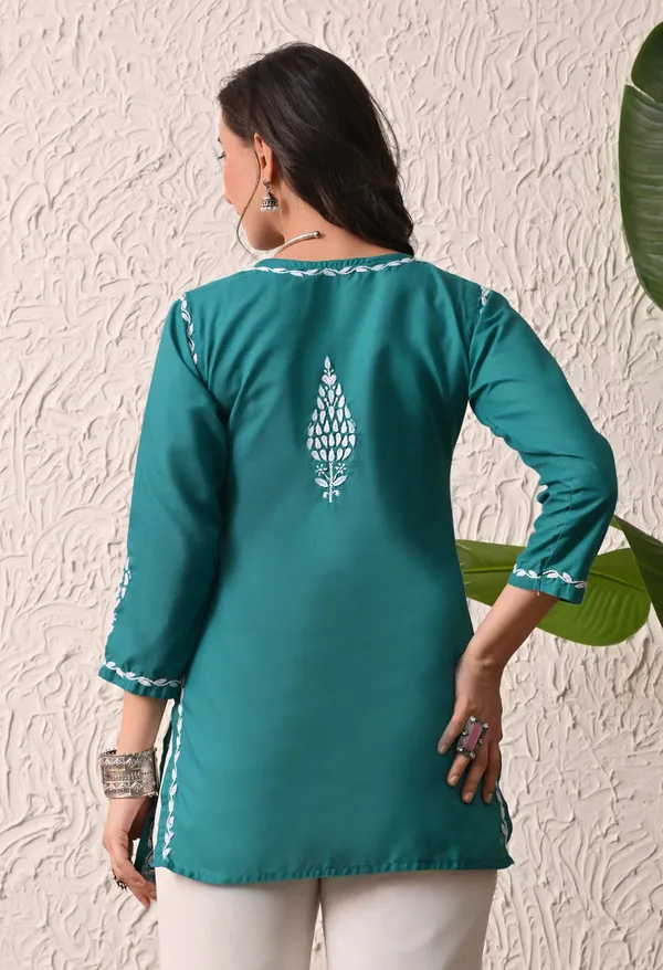 Women_Hand_Embroidered_Lucknowi_Chikankari_Cotton_Straight_Short_Top_Rama_Green_Rama_Green