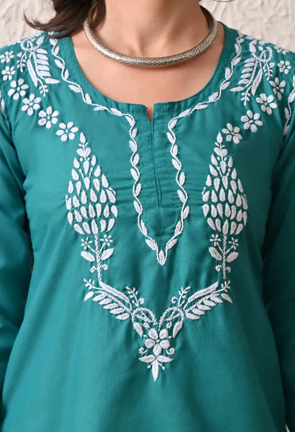 Women_Hand_Embroidered_Lucknowi_Chikankari_Cotton_Straight_Short_Top_Rama_Green_Rama_Green