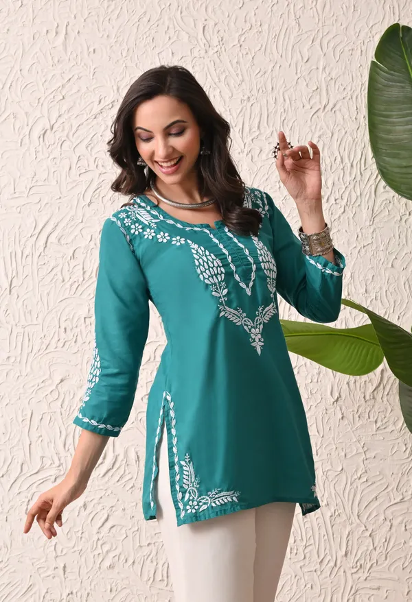 Women_Hand_Embroidered_Lucknowi_Chikankari_Cotton_Straight_Short_Top_Rama_Green_Rama_Green