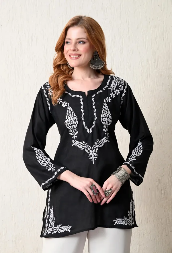 Women_Hand_Embroidered_Lucknowi_Chikankari_Cotton_Straight_Short_Top_Black_Colour_Black