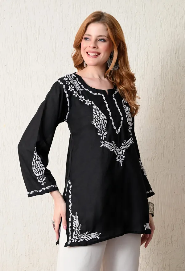 Women_Hand_Embroidered_Lucknowi_Chikankari_Cotton_Straight_Short_Top_Black_Colour_Black