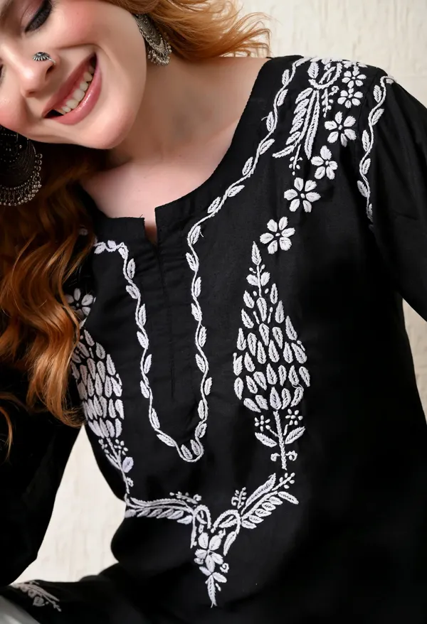 Women_Hand_Embroidered_Lucknowi_Chikankari_Cotton_Straight_Short_Top_Black_Colour_Black