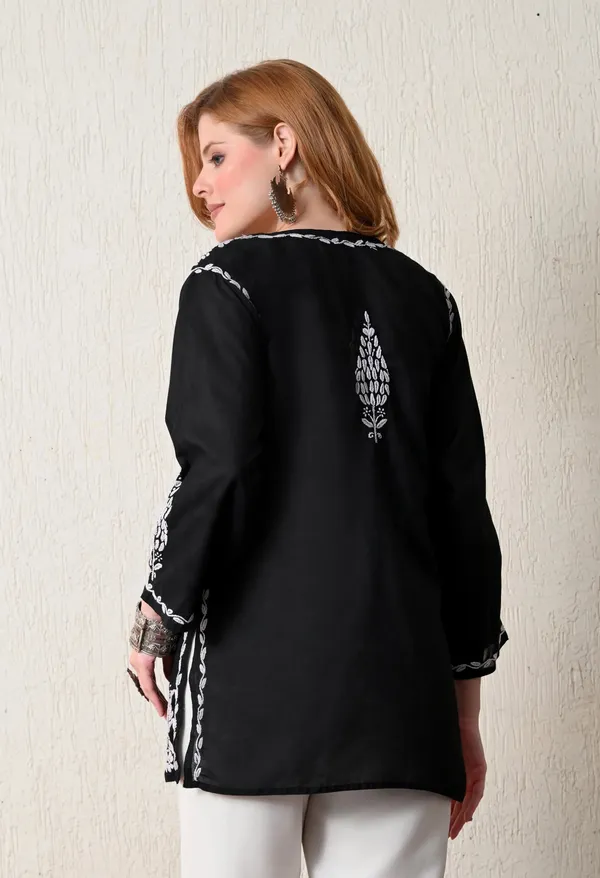 Women_Hand_Embroidered_Lucknowi_Chikankari_Cotton_Straight_Short_Top_Black_Colour_Black