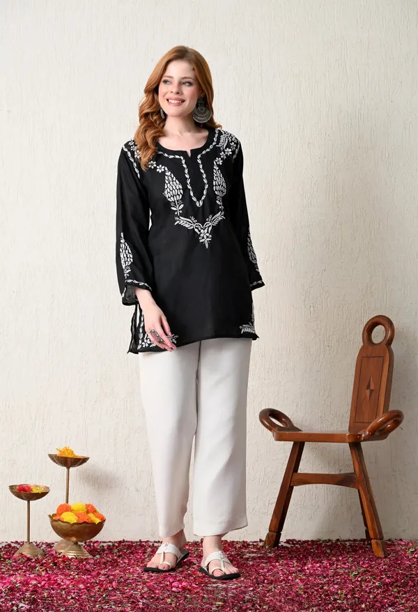 Women_Hand_Embroidered_Lucknowi_Chikankari_Cotton_Straight_Short_Top_Black_Colour_Black