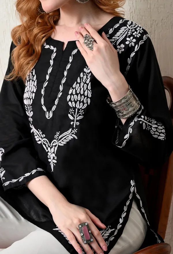 Women_Hand_Embroidered_Lucknowi_Chikankari_Cotton_Straight_Short_Top_Black_Colour_Black