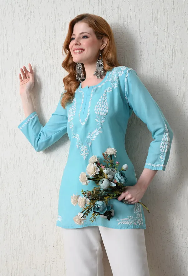 Women_Hand_Embroidered_Lucknowi_Chikankari_Cotton_Straight_Short_Top_Sky_Blue_Sky_Blue