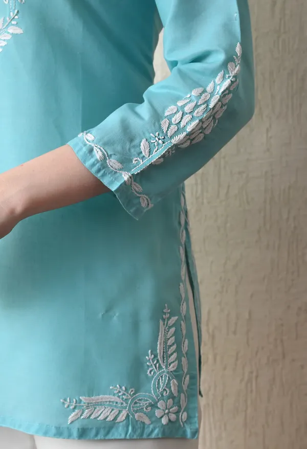 Women_Hand_Embroidered_Lucknowi_Chikankari_Cotton_Straight_Short_Top_Sky_Blue_Sky_Blue