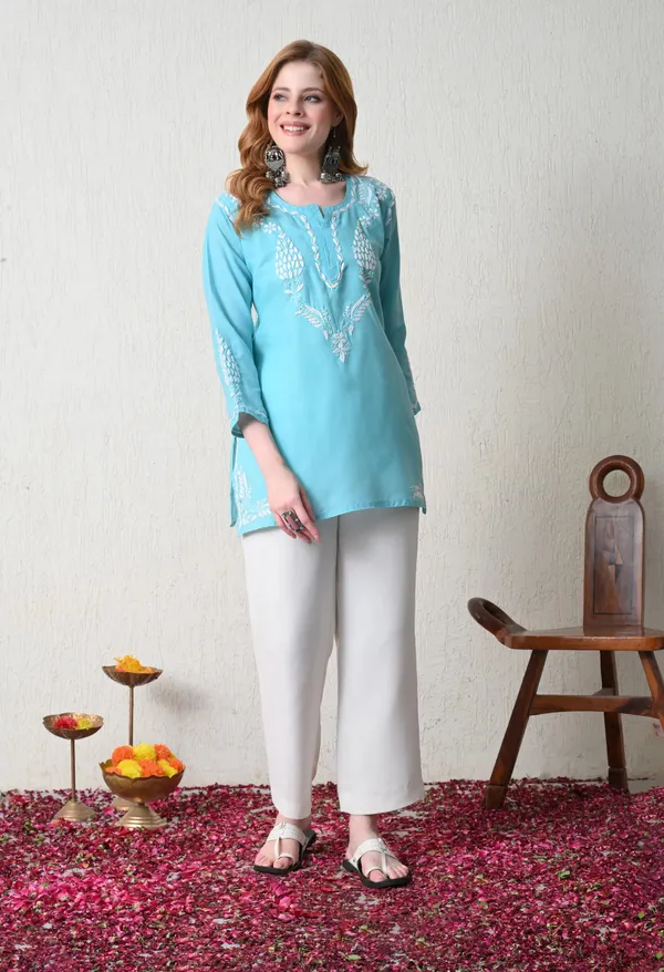 Women_Hand_Embroidered_Lucknowi_Chikankari_Cotton_Straight_Short_Top_Sky_Blue_Sky_Blue
