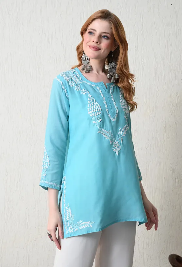 Women_Hand_Embroidered_Lucknowi_Chikankari_Cotton_Straight_Short_Top_Sky_Blue_Sky_Blue