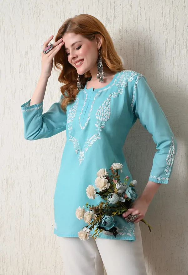 Women_Hand_Embroidered_Lucknowi_Chikankari_Cotton_Straight_Short_Top_Sky_Blue_Sky_Blue