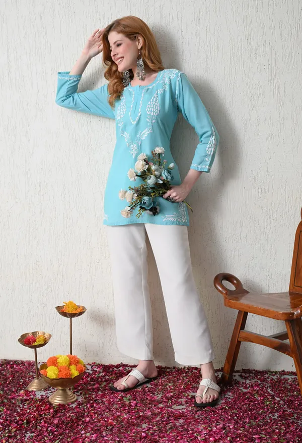 Women_Hand_Embroidered_Lucknowi_Chikankari_Cotton_Straight_Short_Top_Sky_Blue_Sky_Blue