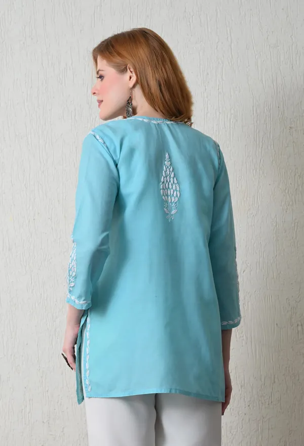 Women_Hand_Embroidered_Lucknowi_Chikankari_Cotton_Straight_Short_Top_Sky_Blue_Sky_Blue