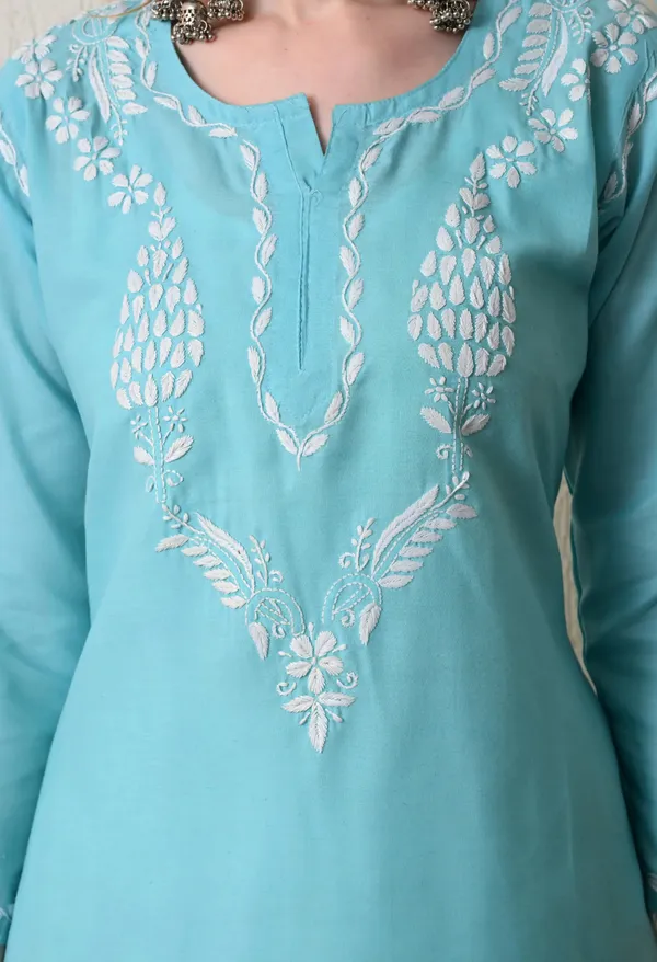 Women_Hand_Embroidered_Lucknowi_Chikankari_Cotton_Straight_Short_Top_Sky_Blue_Sky_Blue