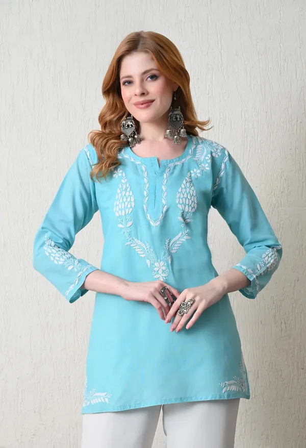 Women_Hand_Embroidered_Lucknowi_Chikankari_Cotton_Straight_Short_Top_Sky_Blue_Sky_Blue
