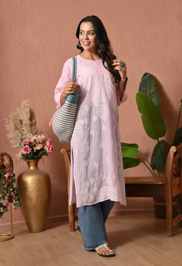 Pure_Cotton_Chikan_Handwork_Long_Kurti_Pink_Baby_Pink_Pure_Cotton