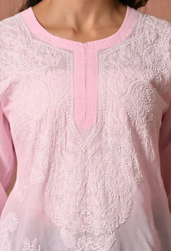Pure_Cotton_Chikan_Handwork_Long_Kurti_Pink_Baby_Pink_Pure_Cotton