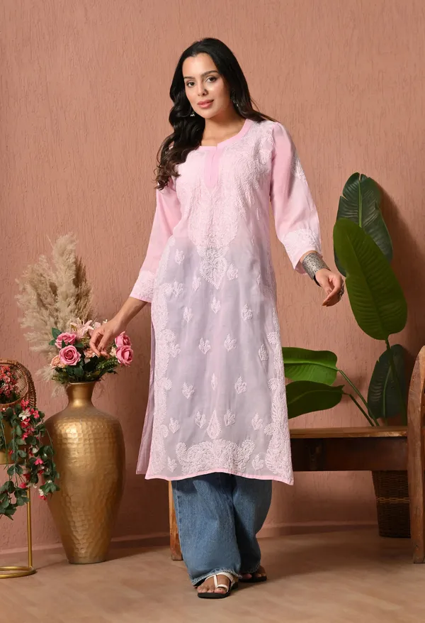 Pure_Cotton_Chikan_Handwork_Long_Kurti_Pink_Baby_Pink_Pure_Cotton
