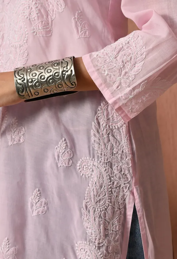 Pure_Cotton_Chikan_Handwork_Long_Kurti_Pink_Baby_Pink_Pure_Cotton