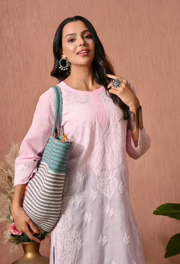 Pure_Cotton_Chikan_Handwork_Long_Kurti_Pink_Baby_Pink_Pure_Cotton