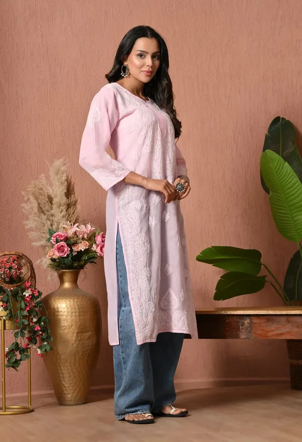 Pure_Cotton_Chikan_Handwork_Long_Kurti_Pink_Baby_Pink_Pure_Cotton