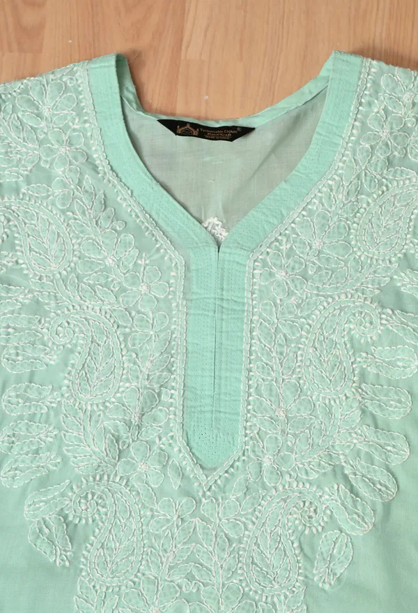 Pure_Cotton_Chikan_Handwork_Long_Kurti_Mint_Green_Mint_Green_Pure_Cotton