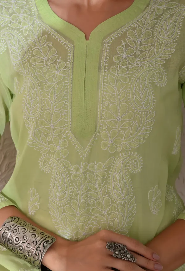 Pure_Cotton_Chikan_Handwork_Long_Kurti_Pista_Green_Pista_Green_Pure_Cotton