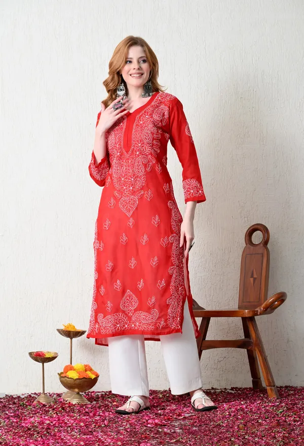 Pure_Cotton_Chikan_Handwork_Long_Kurti_Red_Red_Pure_Cotton