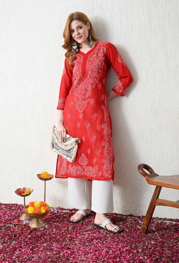 Pure_Cotton_Chikan_Handwork_Long_Kurti_Red_Red_Pure_Cotton