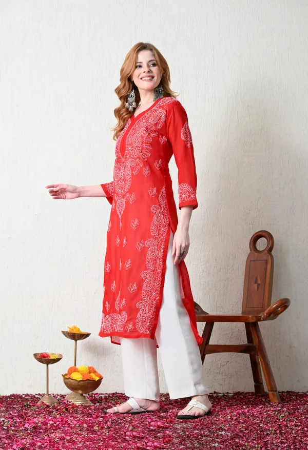 Pure_Cotton_Chikan_Handwork_Long_Kurti_Red_Red_Pure_Cotton