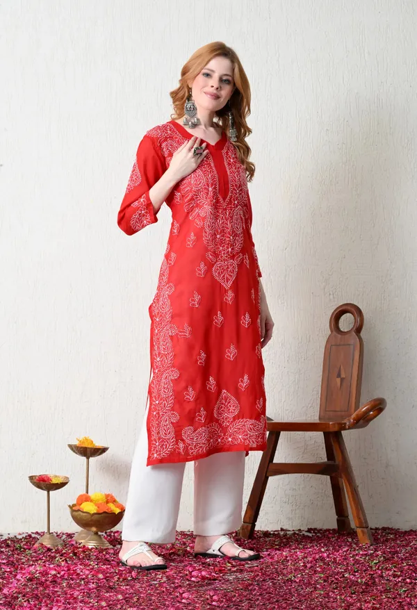 Pure_Cotton_Chikan_Handwork_Long_Kurti_Red_Red_Pure_Cotton