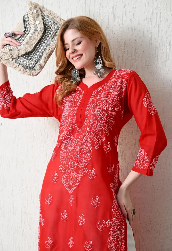Pure_Cotton_Chikan_Handwork_Long_Kurti_Red_Red_Pure_Cotton