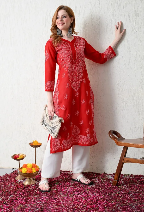 Pure_Cotton_Chikan_Handwork_Long_Kurti_Red_Red_Pure_Cotton
