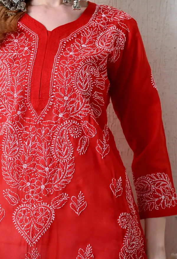 Pure_Cotton_Chikan_Handwork_Long_Kurti_Red_Red_Pure_Cotton