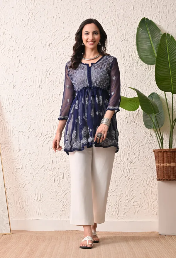Soft_Geaorgette_Chikan_Handwork_Short_Gown_Navy_Blue_Navy