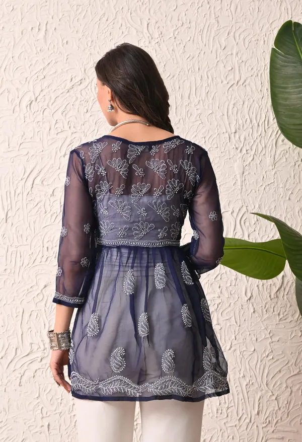 Soft_Geaorgette_Chikan_Handwork_Short_Gown_Navy_Blue_Navy