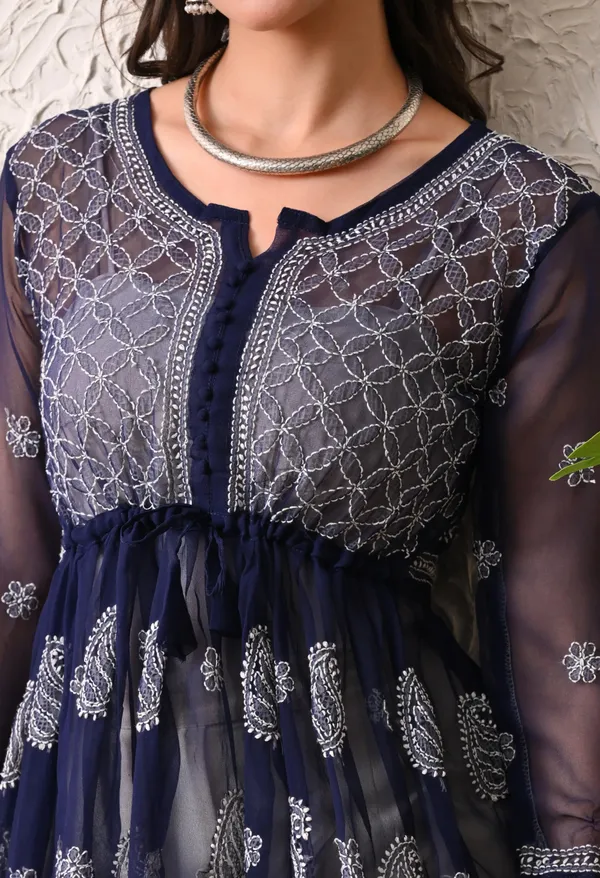 Soft_Geaorgette_Chikan_Handwork_Short_Gown_Navy_Blue_Navy