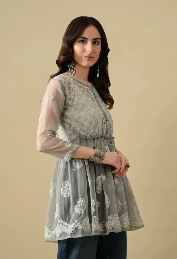 Soft_Geaorgette_Chikan_Handwork_Short_Gown_Grey_Grey