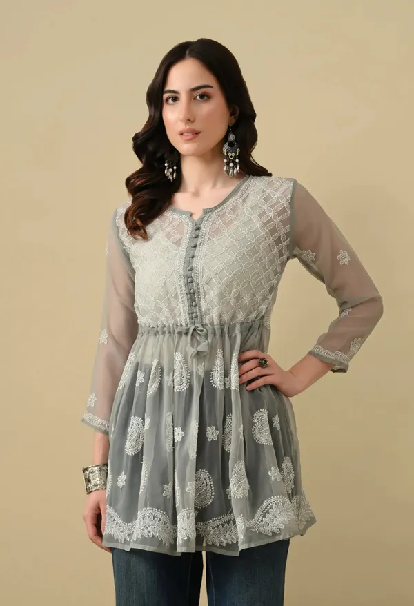 Soft_Geaorgette_Chikan_Handwork_Short_Gown_Grey_Grey