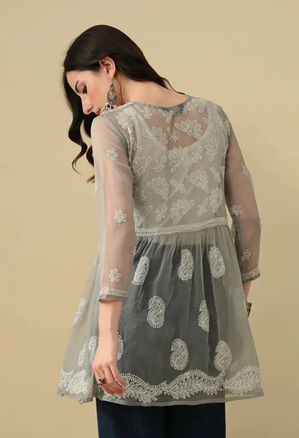 Soft_Geaorgette_Chikan_Handwork_Short_Gown_Grey_Grey