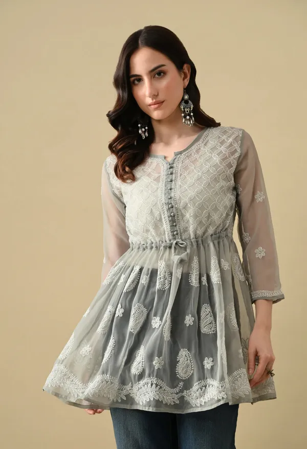 Soft_Geaorgette_Chikan_Handwork_Short_Gown_Grey_Grey