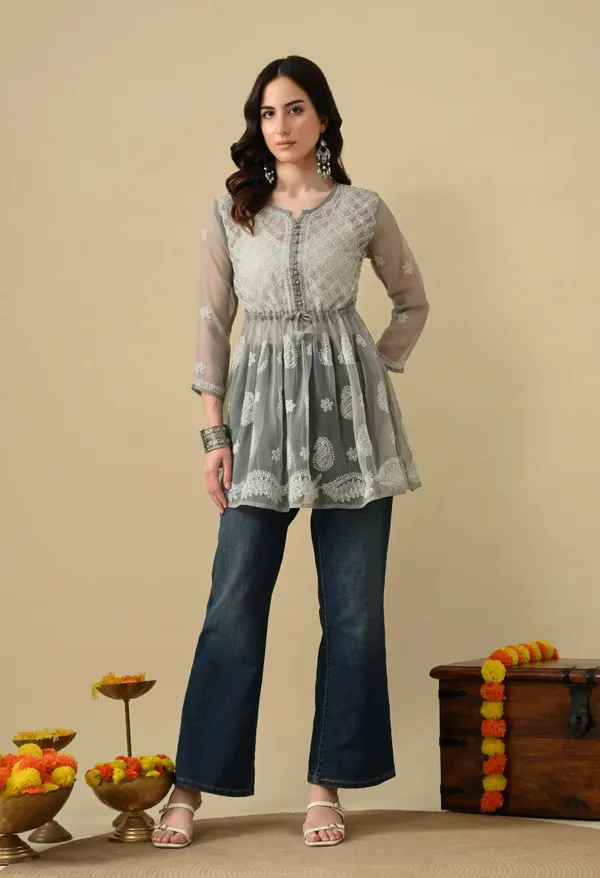 Soft_Geaorgette_Chikan_Handwork_Short_Gown_Grey_Grey