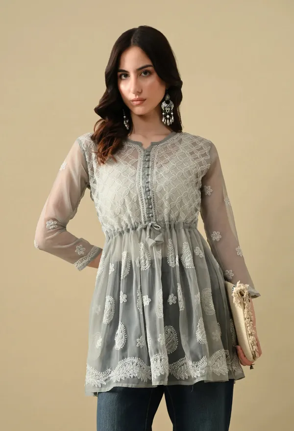 Soft_Geaorgette_Chikan_Handwork_Short_Gown_Grey_Grey