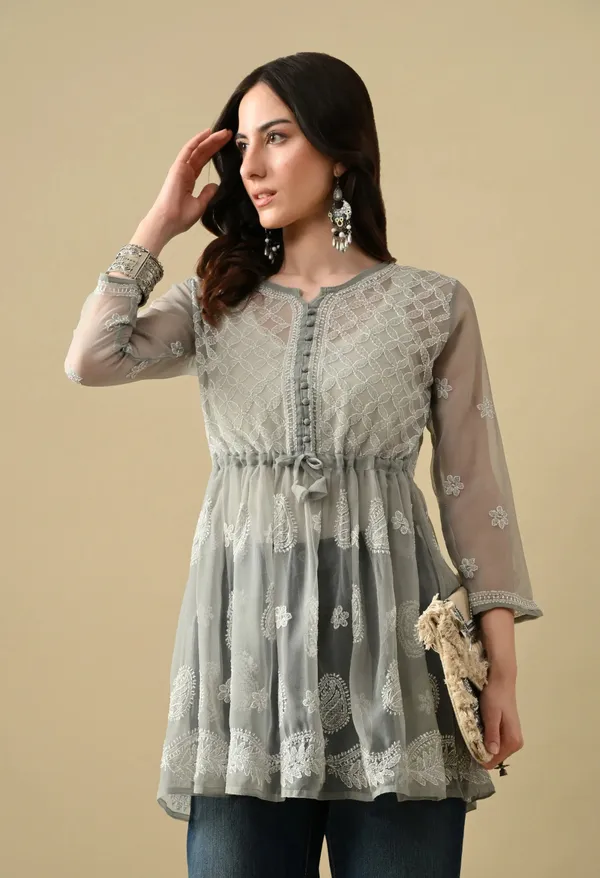 Soft_Geaorgette_Chikan_Handwork_Short_Gown_Grey_Grey