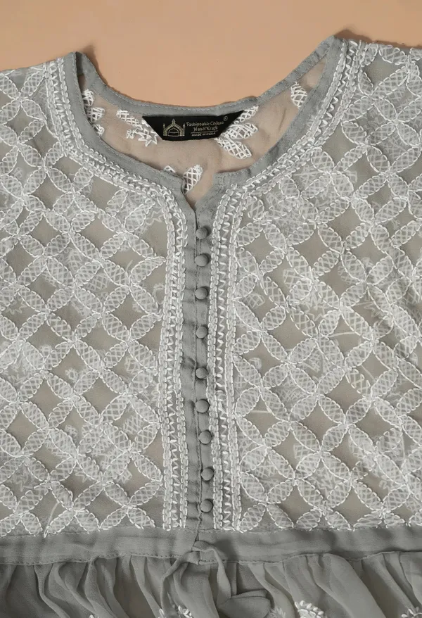 Soft_Geaorgette_Chikan_Handwork_Short_Gown_Grey_Grey