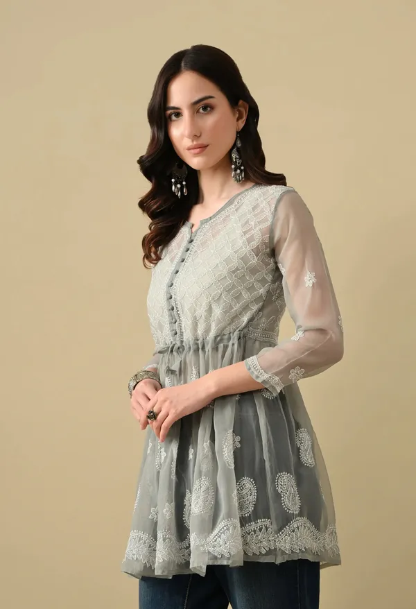 Soft_Geaorgette_Chikan_Handwork_Short_Gown_Grey_Grey